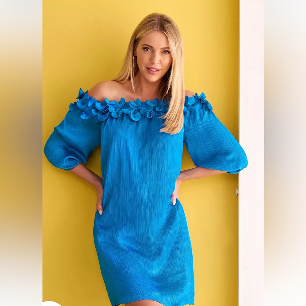 Boston Proper 3D Floral Neckline Shift Dress Blue Large